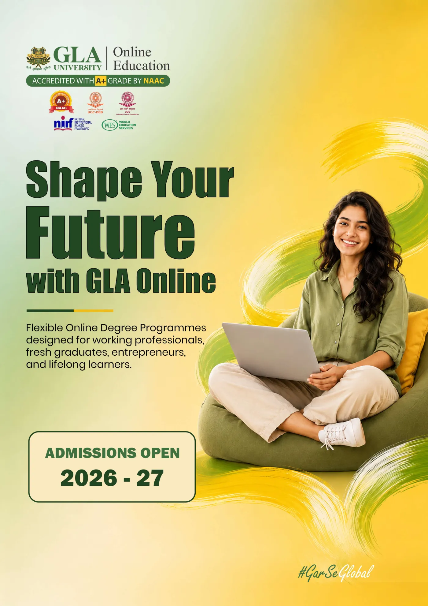 GLA University — course brochure, page 1. Open the PDF for full-size reading.